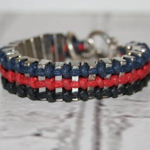 Beautiful silver, navy, red and black chain and cord bracelet with toggle